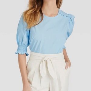 Who What Wear Blue Shirt Puff Sleeves Button Detail NWT